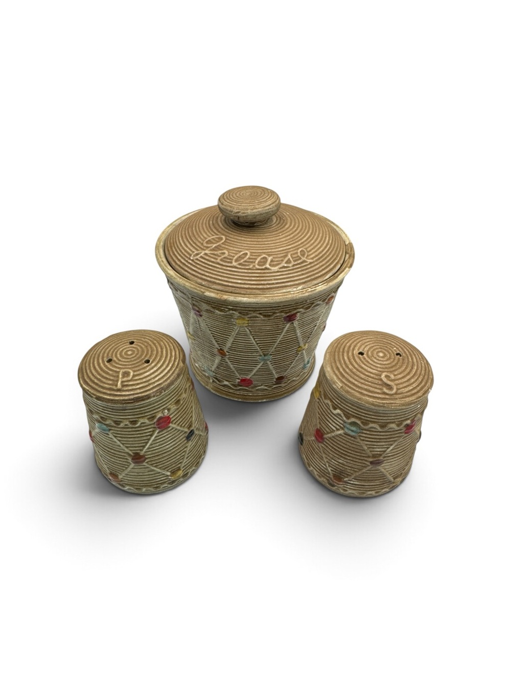 Vintage Tilso Japan Atomic Ceramic Grease Jar Salt Pepper Shaker Set